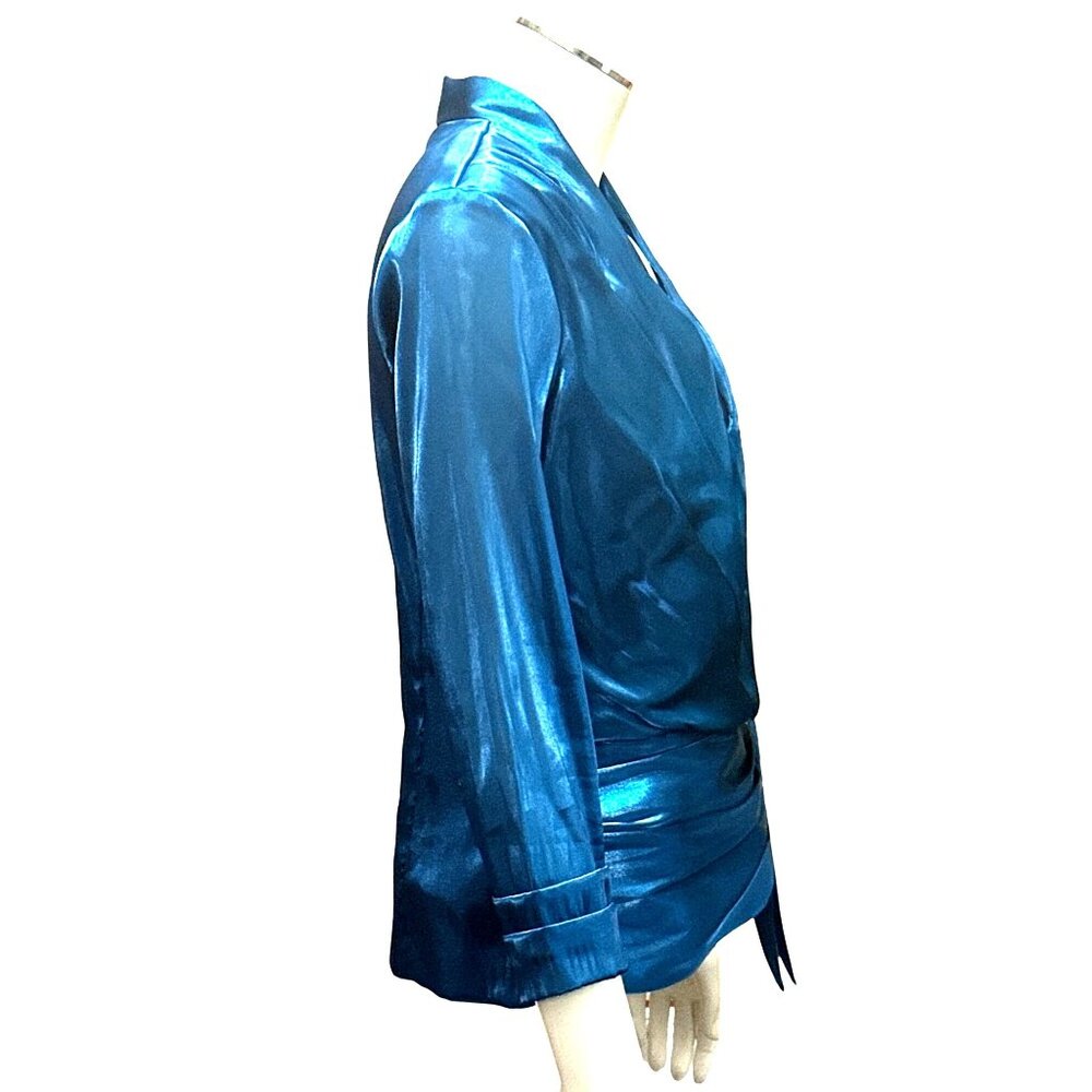 Jackie Jon New York Size 6 Teal Satin Wrap Tie Waist Top Back Zipper Luxe Shine - Picture 5 of 12